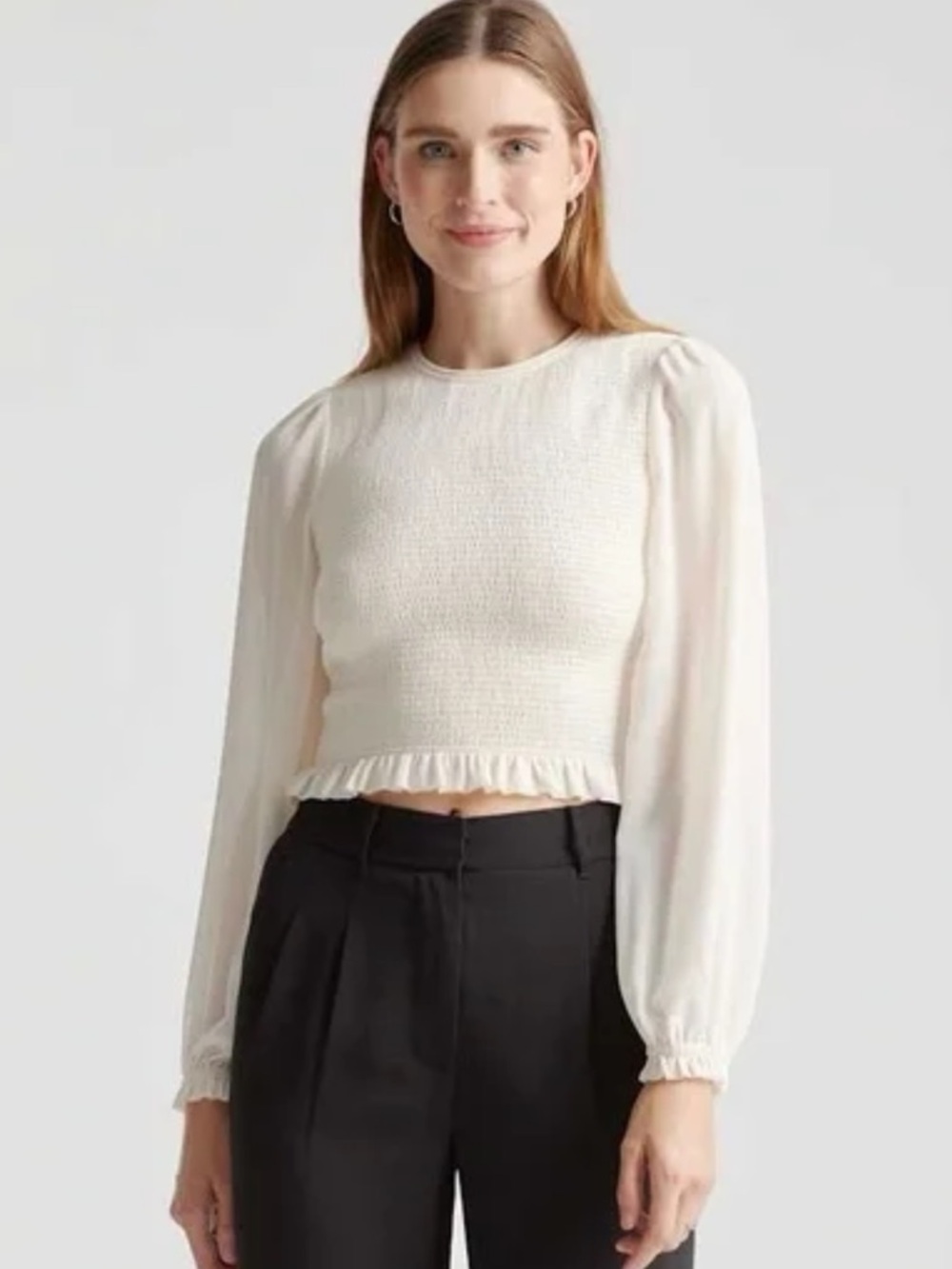 Quince Cream Smocked Long-Sleeve Crop Blouse